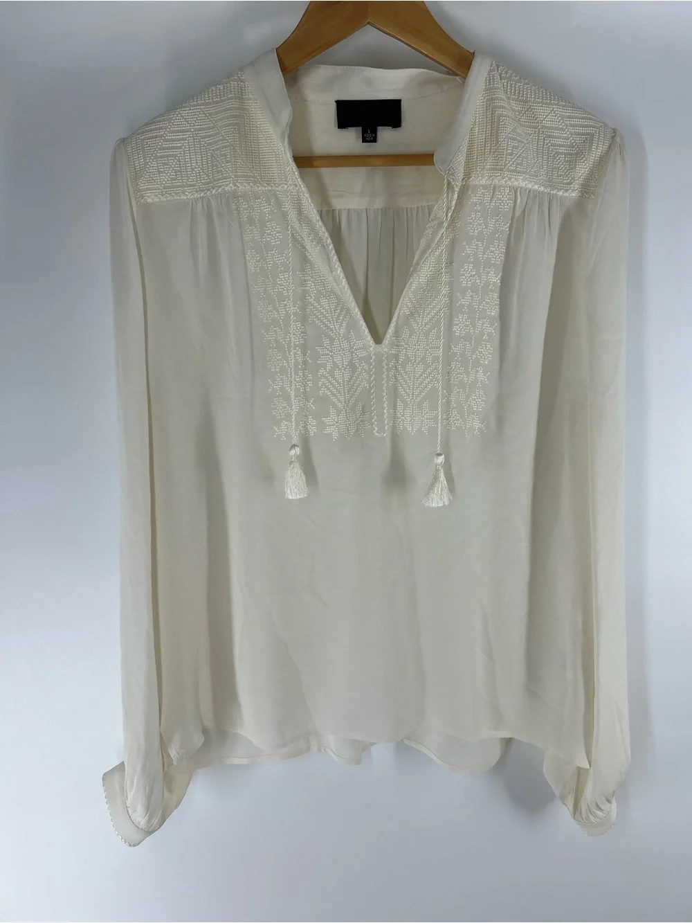 Nili Lotan Silk Ivory Embroidered Tassel V-Neck Blouse - Picture 1 of 6